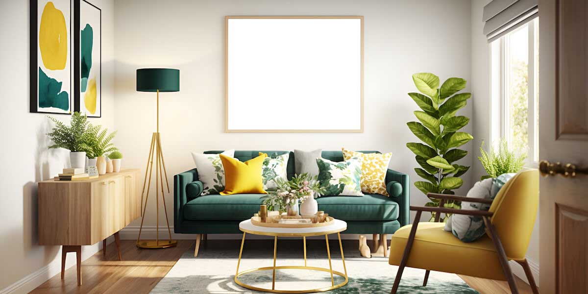 Photo of a living room with a yellow and green theme